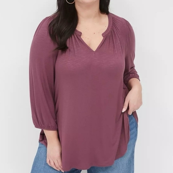 Lane Bryant Plum Swing Blouson- Sleeve Notch-Neck Jersey Top  Sz 26/28 NEW - Picture 1 of 12